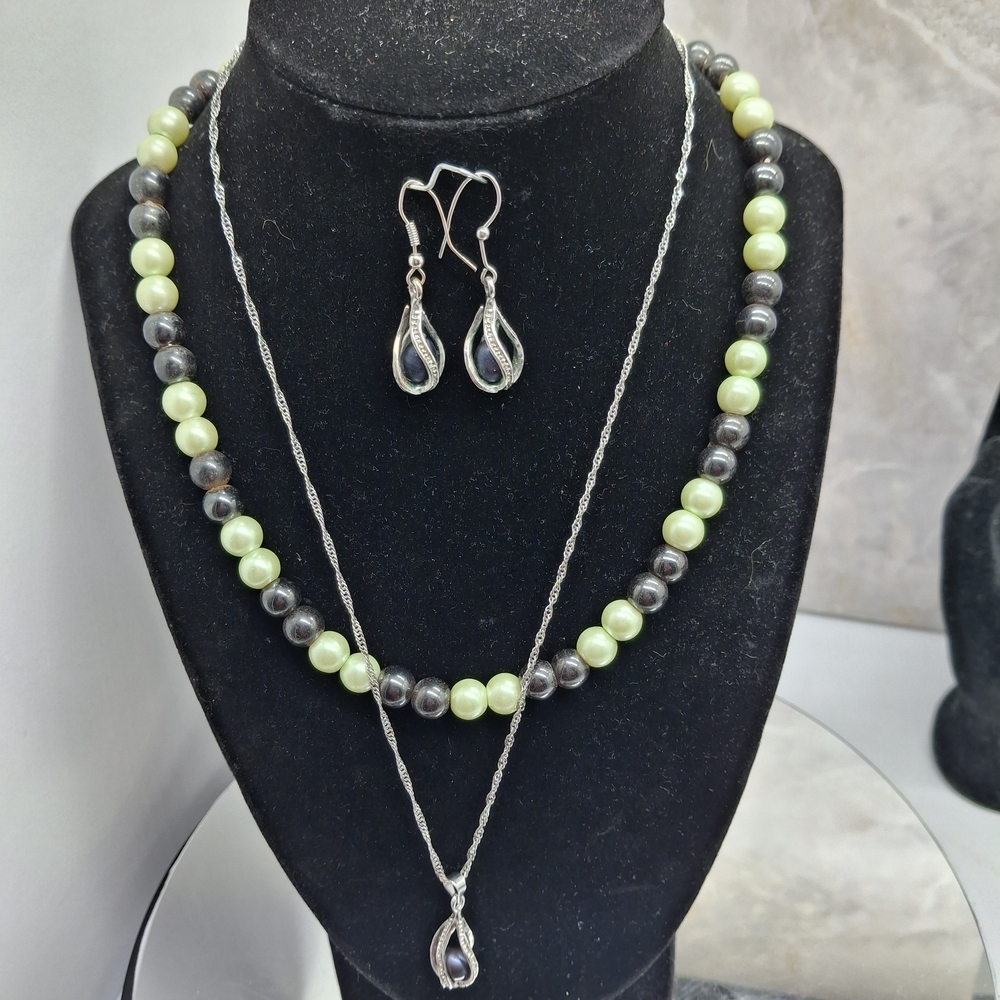 Silver and Green Pearl Necklace Set 3pc 2 Necklaces 1 pr Earrings